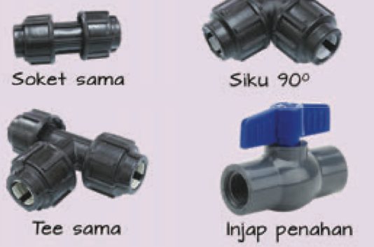 Soket sama, siku 90 darjah, tee sama dan injap penahan