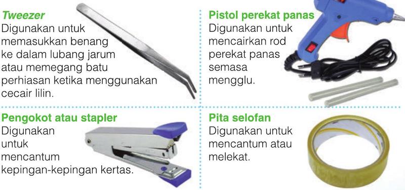 Tweezer, pistol perekat panas, pengokot dan pita selofan