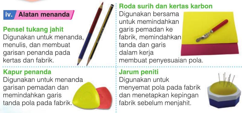 Pensel tukang jahit, kapur penanda, roda surih dan kertas karbon, jarum peniti
