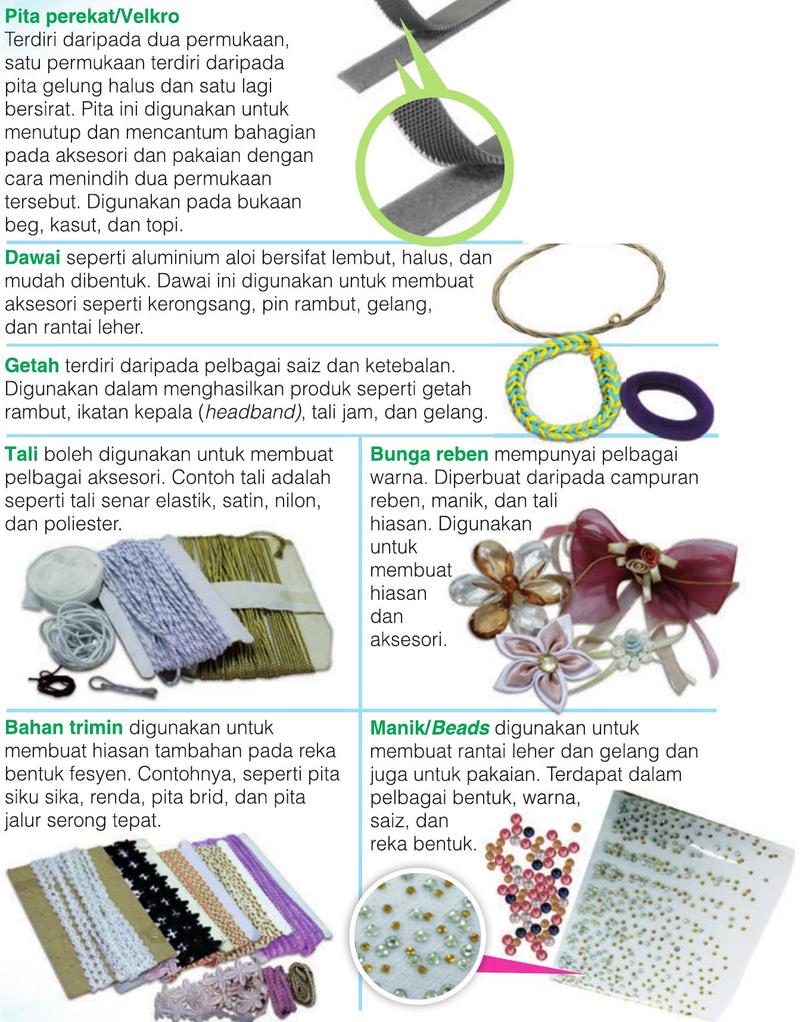 Velkro, dawai, getah, tali, bunga reben, bahan trimin dan manik