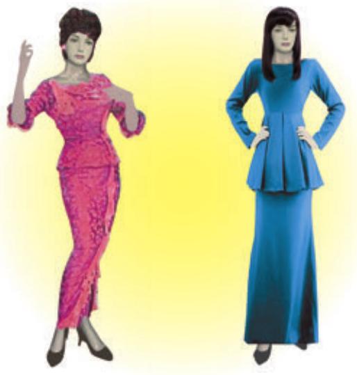 Dua wanita memakai fesyen baju Saloma, versi tahun 1970-an dan versi tahun 2010