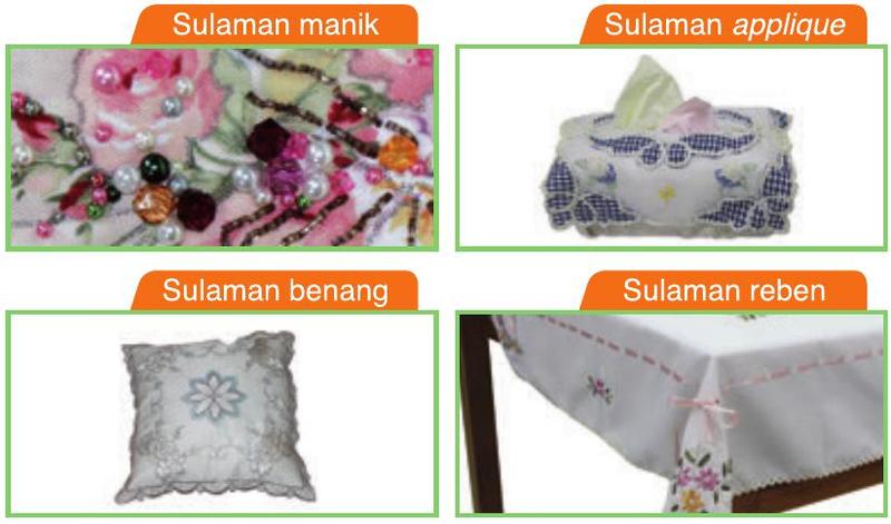 Sulaman manik, sulaman applique, sulaman benang dan sulaman reben