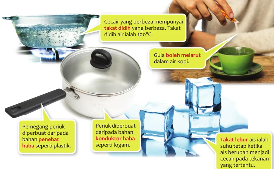 Air mendidih, gula melarut dalam air kopi, periuk dengan pemegang plastik, ais melebur