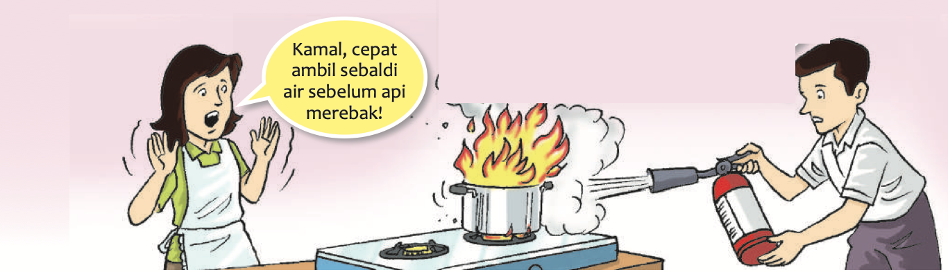 Kartun periuk minyak terbakar di atas dapur; seorang wanita menyuruh mengambil air dan seorang lelaki memegang alat pemadam api