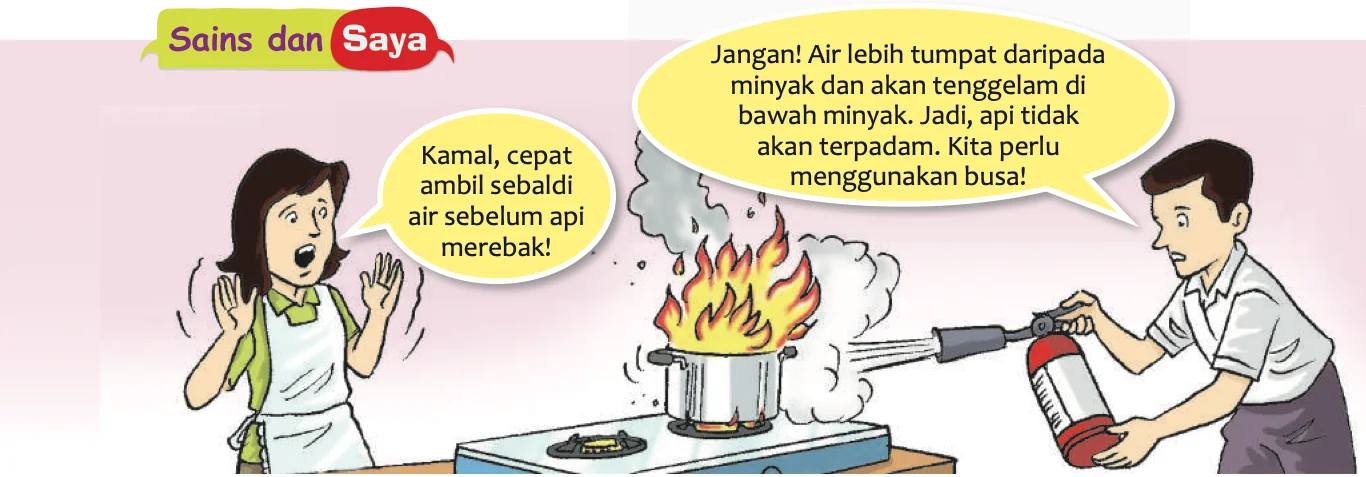 Kartun: periuk minyak terbakar; seorang berkata ambil air, seorang lagi menggunakan busa