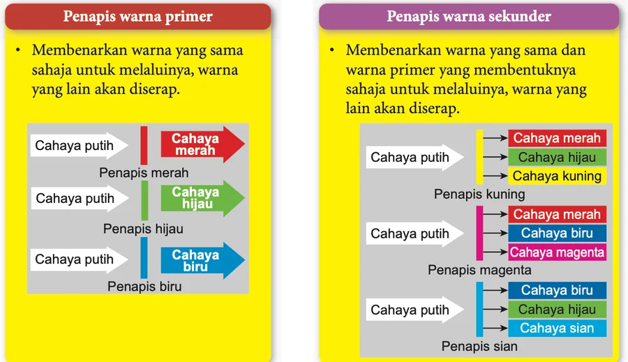 Penapis warna primer membenarkan warna sama sahaja melaluinya; penapis warna sekunder membenarkan warna sama dan warna primer yang membentuknya