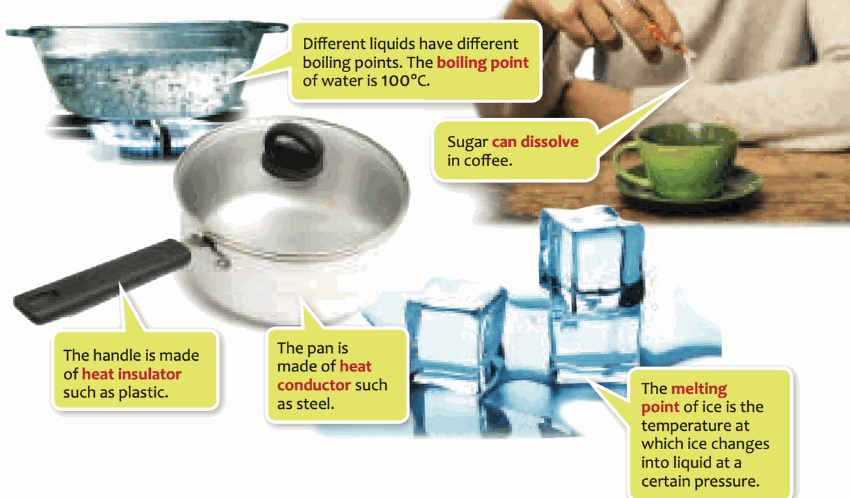 Boiling water, sugar in coffee, a pan with plastic handle, melting ice cubes