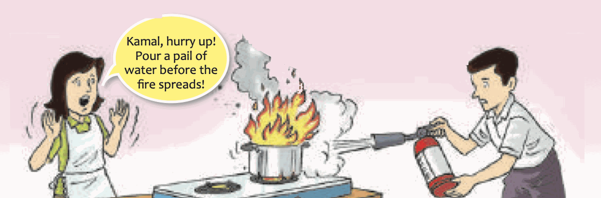 A pot of oil on fire on a stove; a woman shouts for water; a man holds a fire extinguisher