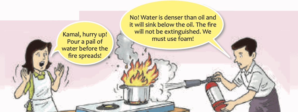 Cartoon: a pot of oil on fire; a woman says pour water, a man uses a foam extinguisher