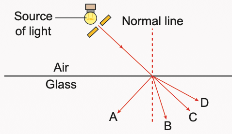 Light ray hitting an air-glass boundary with four possible refracted rays A, B, C and D