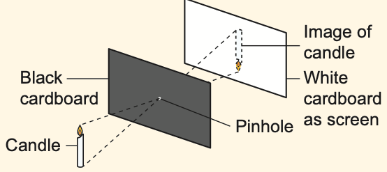 Candle, black cardboard with a pinhole and a white screen showing the image of the candle