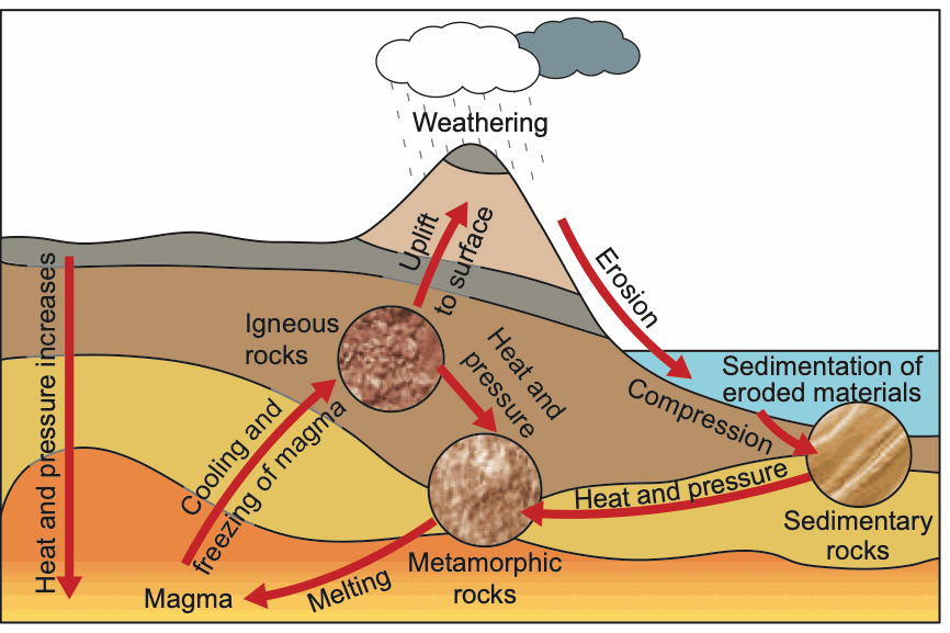 The rock cycle linking magma, igneous, sedimentary and metamorphic rocks