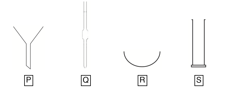 P filter funnel, Q pipette, R evaporating dish, S gas jar