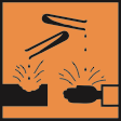 Hazard symbol: liquid dripping from two test tubes onto a surface and a hand, which are being eaten away
