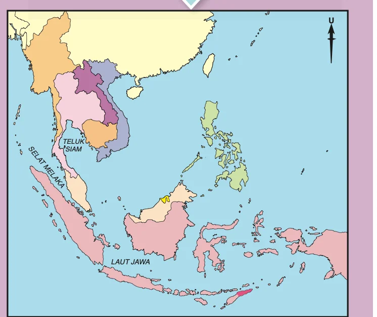 Peta Asia Tenggara hari ini dengan Teluk Siam, Selat Melaka dan Laut Jawa