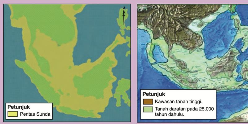 Dua peta Asia Tenggara menunjukkan Pentas Sunda sebagai daratan luas