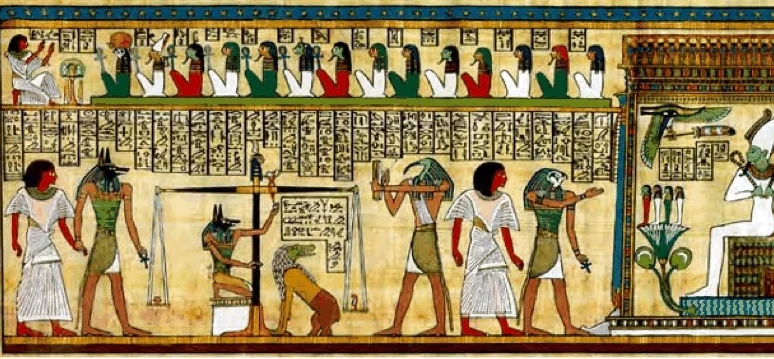 Lakaran berwarna daripada Book of the Dead menunjukkan upacara menimbang
