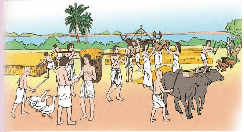 Ilustrasi kegiatan perdagangan dan pertanian di tebing sungai