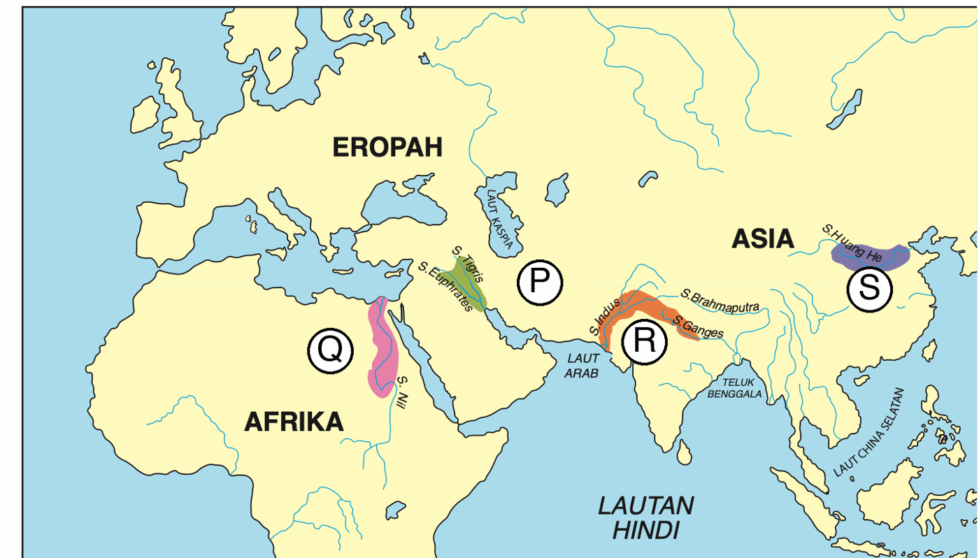 Peta dunia dengan empat lokasi tamadun bertanda P di Asia Barat, Q di Afrika, R di India dan S di China