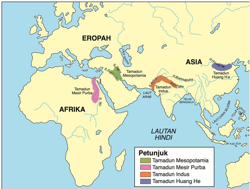 Peta dunia menunjukkan lokasi Tamadun Mesopotamia, Mesir Purba, Indus dan Huang He