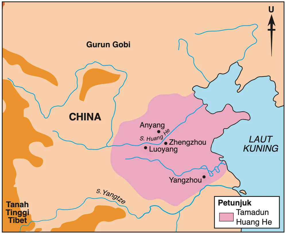 Peta lokasi Tamadun Huang He menunjukkan Sungai Huang He, Sungai Yangtze, Anyang, Zhengzhou, Luoyang dan Laut Kuning