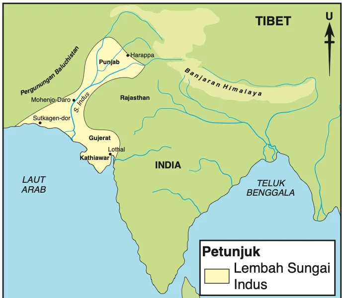 Peta Lembah Sungai Indus menunjukkan Harappa, Mohenjo-Daro, Punjab, Rajasthan, Gujerat dan Kathiawar