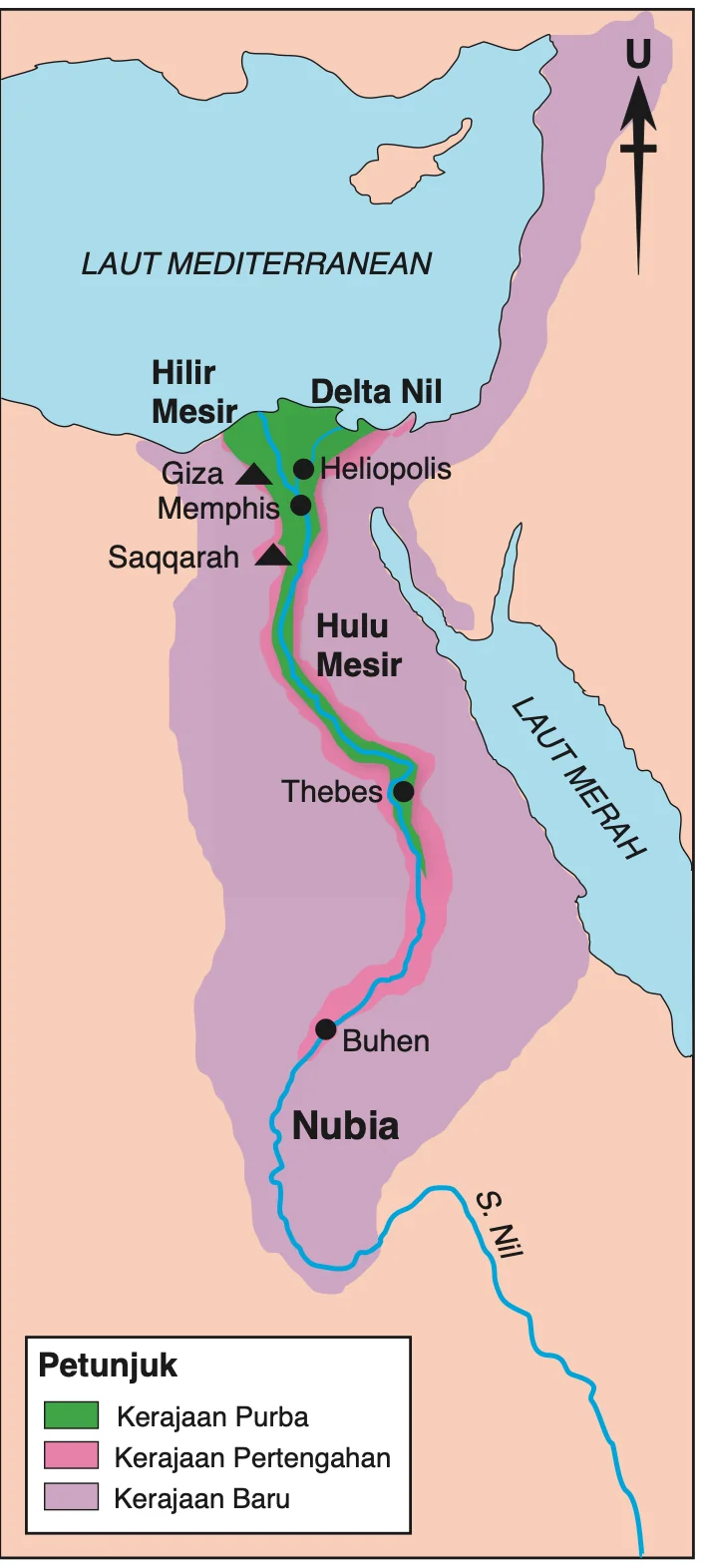 Peta Sungai Nil menunjukkan Hilir Mesir, Hulu Mesir, Memphis, Giza, Thebes dan Nubia