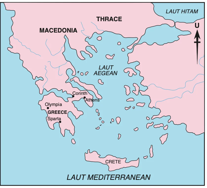 Peta kedudukan negara-kota Yunani: Athens, Sparta, Corinth dan Olympia di Semenanjung Greece, antara Laut Aegean dan Laut Mediterranean