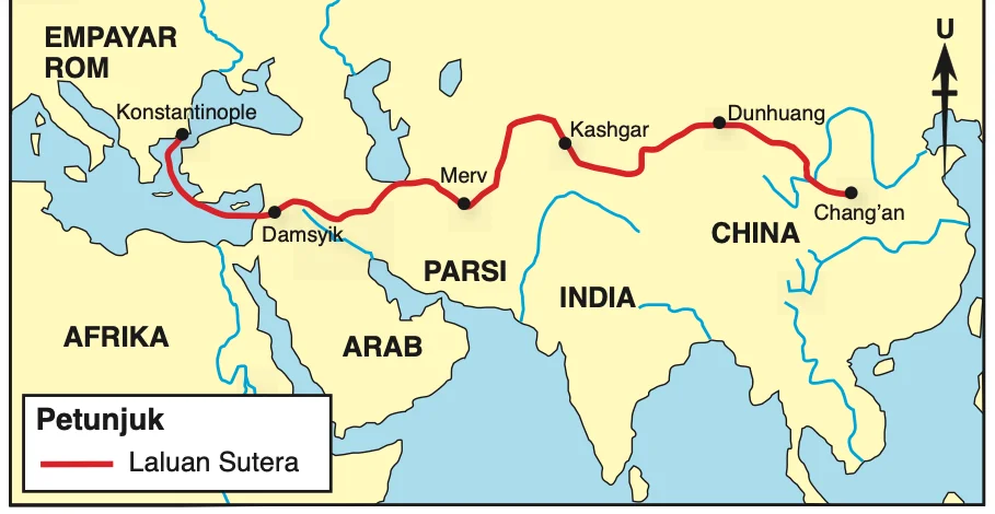 Peta Laluan Sutera dari Chang'an melalui Dunhuang, Kashgar, Merv dan Damsyik ke Konstantinople