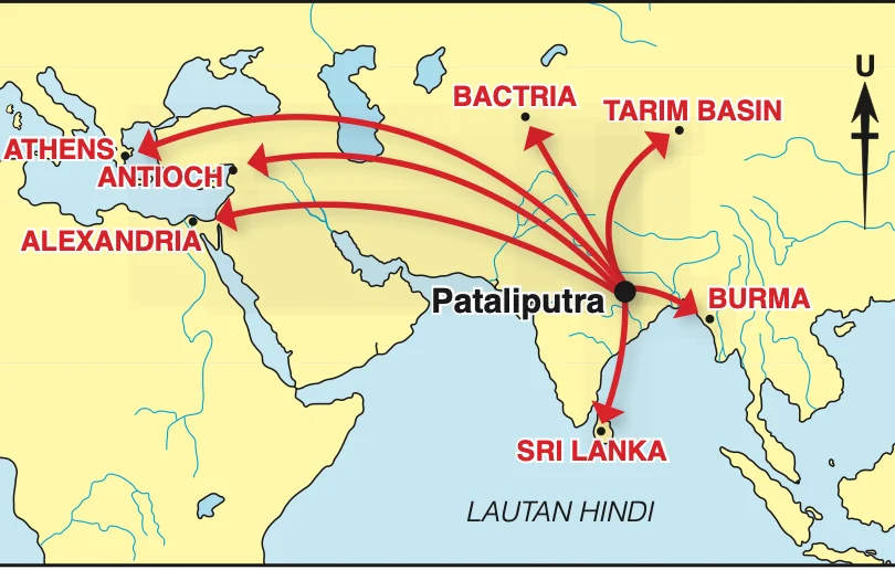 Peta penyebaran agama Buddha dari Pataliputra ke Bactria, Tarim Basin, Antioch, Alexandria, Athens, Burma dan Sri Lanka