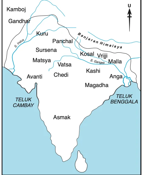 Peta kerajaan-kerajaan mahajanapada di India, termasuk Magadha, Kosal, Kashi dan Avanti