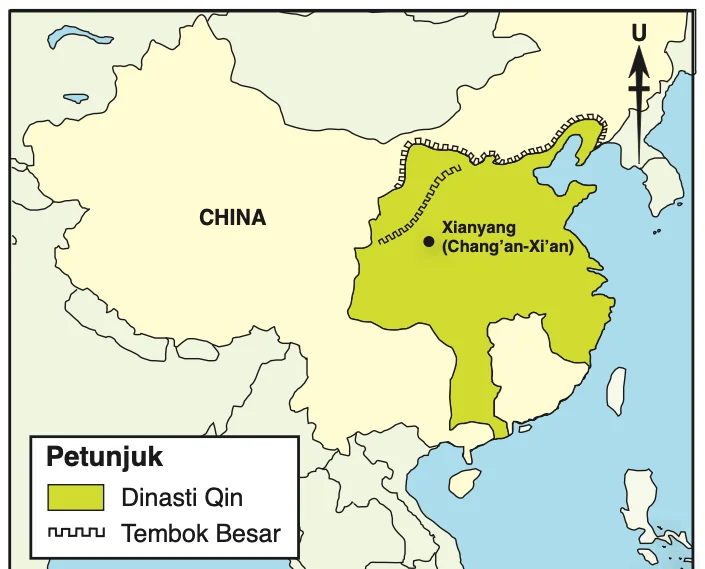 Peta Empayar Dinasti Qin dengan Xianyang dan Tembok Besar
