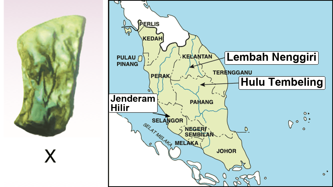 Alat batu X di sebelah kiri; peta Malaysia menunjukkan Lembah Nenggiri (Kelantan), Hulu Tembeling (Pahang) dan Jenderam Hilir (Selangor)