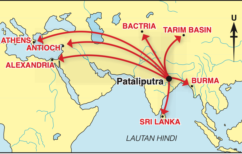 Peta penyebaran agama Buddha dari Pataliputra ke Athens, Antioch, Alexandria, Bactria, Tarim Basin, Burma dan Sri Lanka