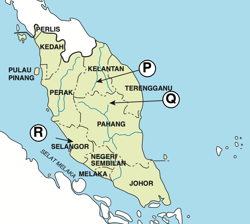 Peta Semenanjung Malaysia dengan tiga kawasan bertanda: P di Kelantan, Q di Pahang dan R di Selangor