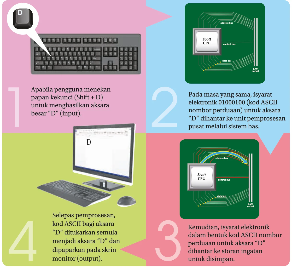 Empat langkah: tekan Shift dan D pada papan kekunci, isyarat 01000100 dihantar ke CPU melalui bas, dihantar ke storan ingatan, kemudian huruf D dipaparkan pada skrin