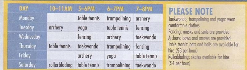 Hopfield Leisure Centre timetable from Monday to Saturday with four time slots, and a Please note box about comfortable clothes, provided equipment and hire prices