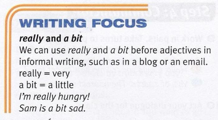 Writing focus box from page 82: really = very, a bit = a little; I'm really hungry; Sam is a bit sad