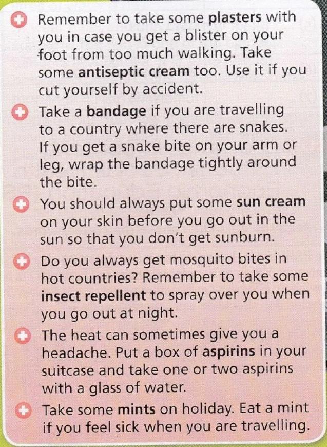 Six pieces of holiday health advice with the items plasters, antiseptic cream, bandage, sun cream, insect repellent, aspirins and mints in bold