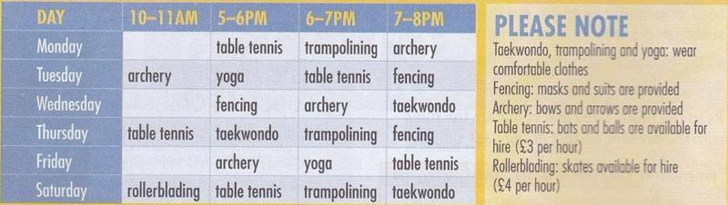 Hopfield Leisure Centre timetable with days from Monday to Saturday, four time slots, and a note about equipment