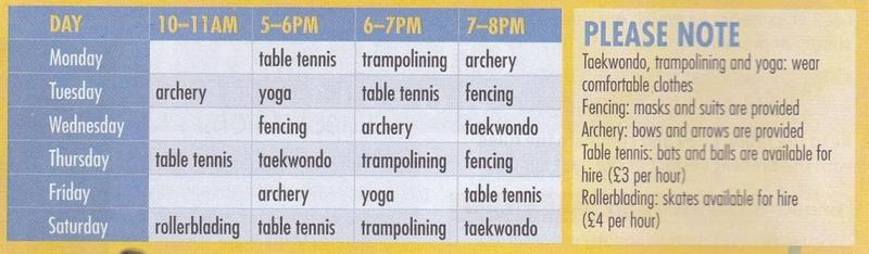 Leisure centre timetable from Monday to Saturday with four time slots (10 to 11 am, 5 to 6 pm, 6 to 7 pm, 7 to 8 pm) and a Please note box about clothes, provided equipment and hire prices