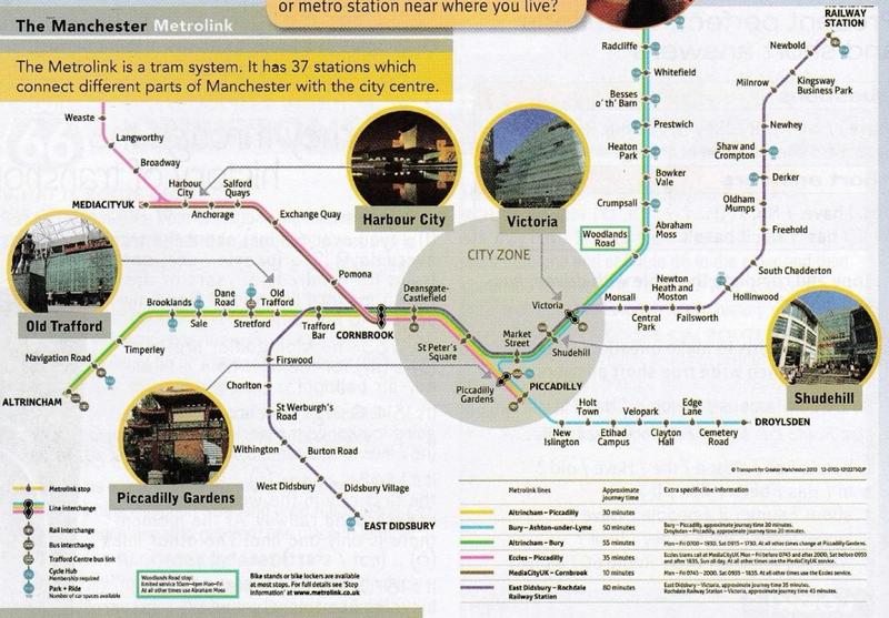 Map of the Manchester Metrolink tram network with coloured lines, station names, a key of symbols and a small table of line names and journey times