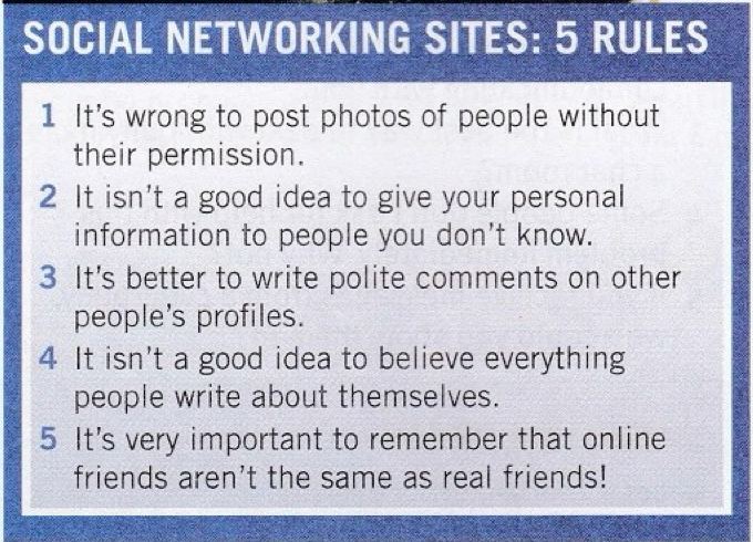 Box called Social networking sites: 5 rules, for example it is wrong to post photos without permission and it is better to write polite comments