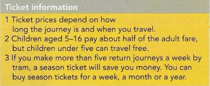 Ticket information box: prices depend on the length of the journey and when you travel; children aged 5 to 16 pay about half the adult fare and under fives travel free; more than five return journeys a week means a season ticket will save money, for a week, a month or a year