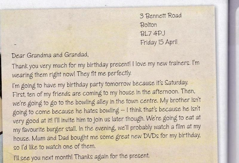 Paul's informal letter to his grandparents. He thanks them for the trainers, says he is wearing them, and describes his birthday party plans with First, Then and In the evening