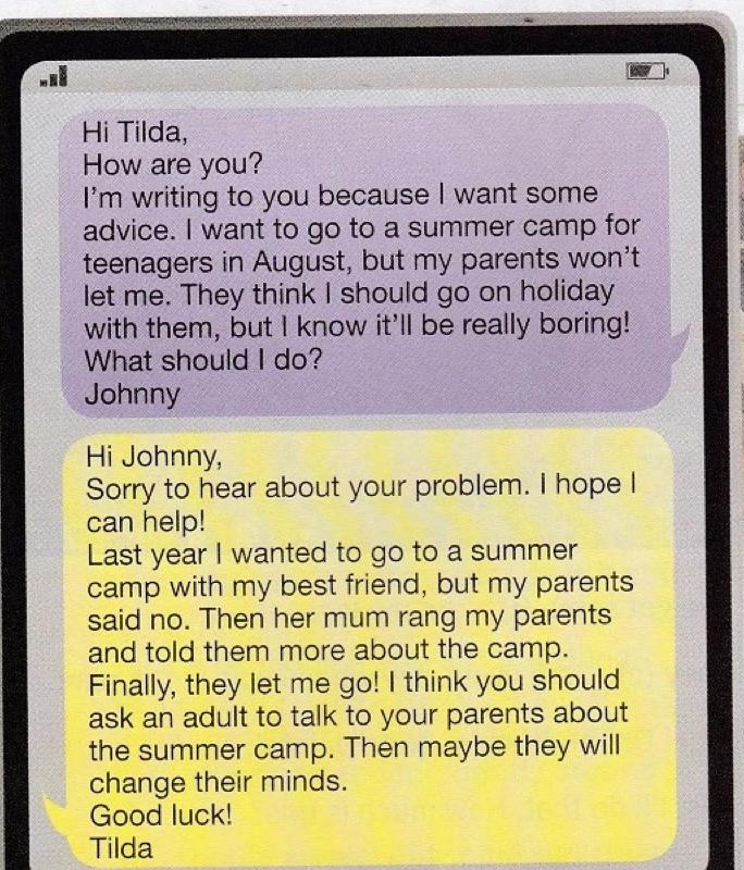 Johnny's instant message asking Tilda for advice about a summer camp, and Tilda's reply telling a story from last year and giving advice with Then and Finally
