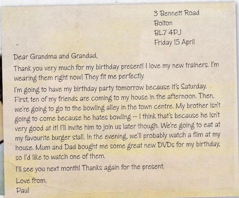Paul's informal letter to his grandparents: address and date at the top right, Dear Grandma and Grandad, a thank-you for the birthday present, three plans for the party, Love from Paul