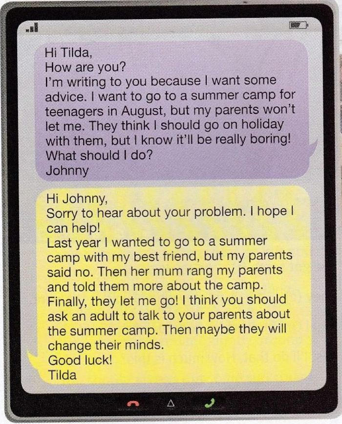 Two instant messages: Johnny asks Tilda for advice because his parents won't let him go to a summer camp, and Tilda replies with a similar experience and advice