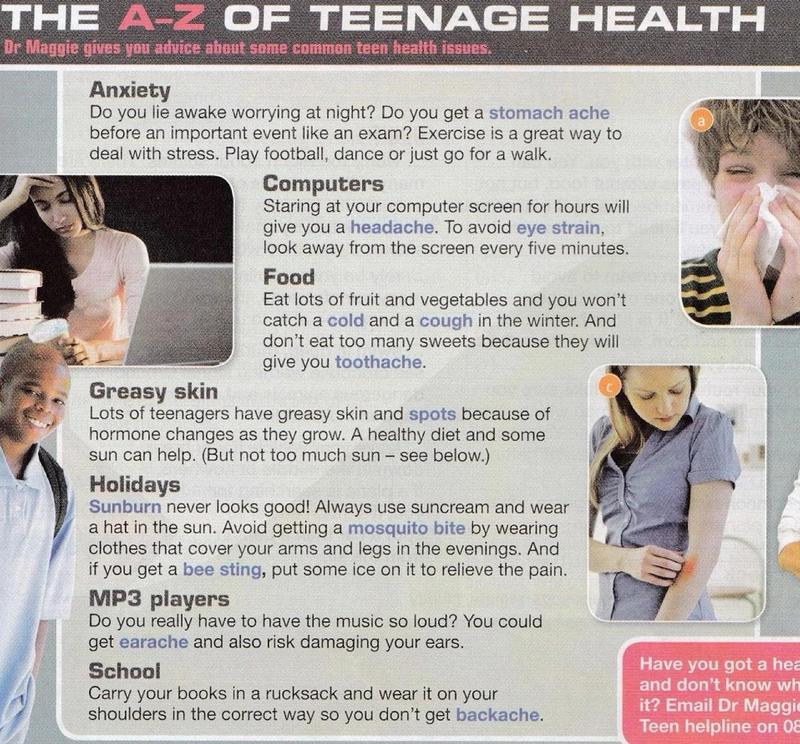 The A-Z of teenage health: Dr Maggie's advice on anxiety, computers, food, greasy skin, holidays, MP3 players and school. The health problems stomach ache, headache, eye strain, cold, cough, toothache, spots, sunburn, mosquito bite, bee sting, earache and backache are printed in blue.