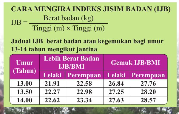 Rumus IJB sama dengan berat badan dalam kilogram dibahagi tinggi dalam meter didarab tinggi dalam meter, dan jadual IJB untuk umur 13 hingga 14 tahun mengikut jantina